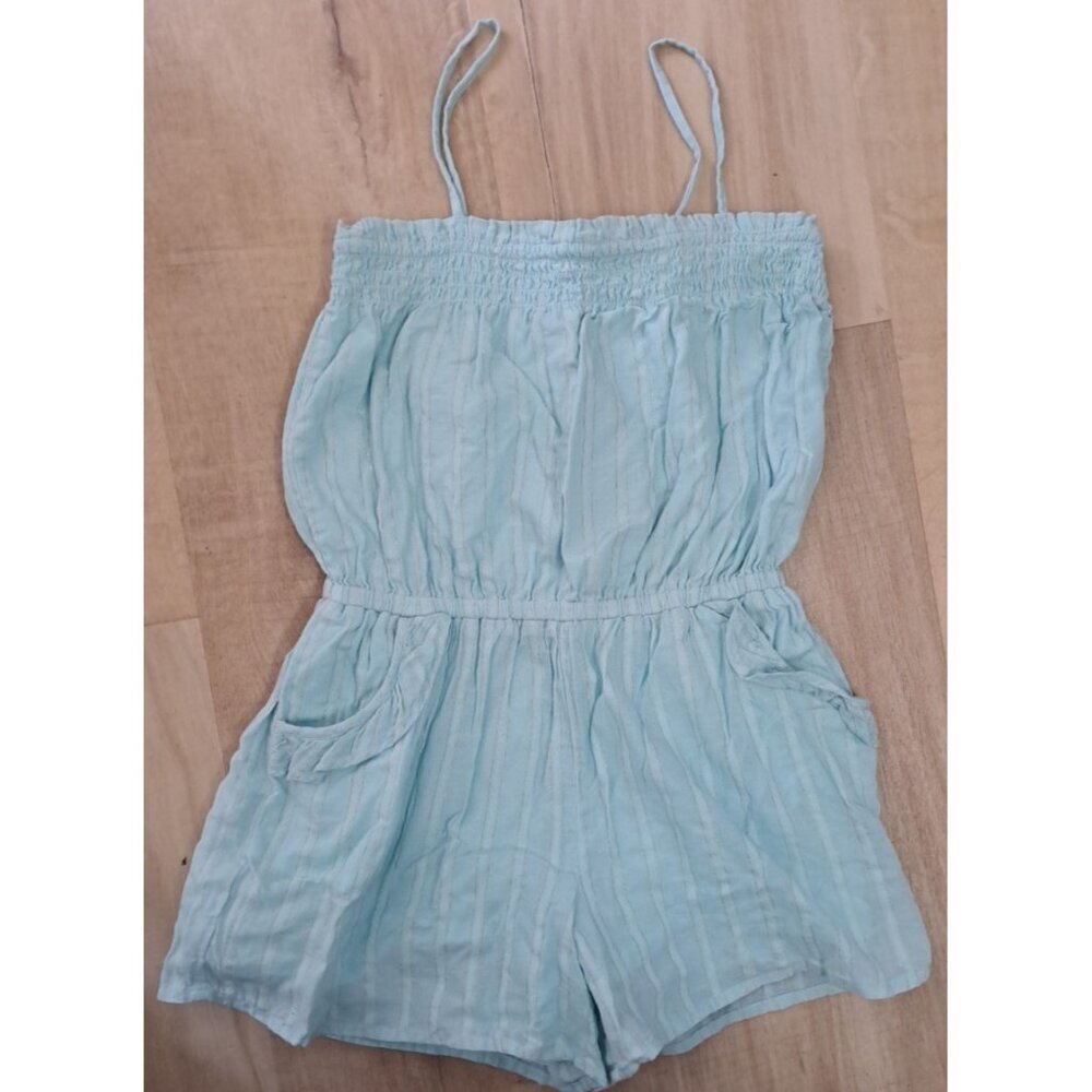 Janie & Jack Girl's 10 Aqua Cotton Romper Gold Stripes Ruffles Pockets